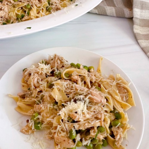 Serving of Chicken Mushroom pasta with bowl full in the back ground.