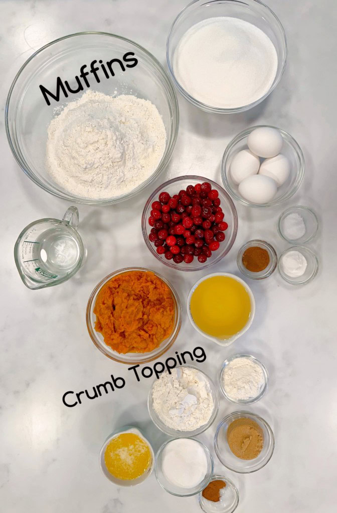Ingredients for Pumpkin Cranberry Muffins.