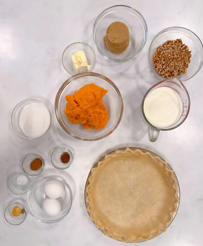 Ingredients for Sweet Potato Pecan Pie.