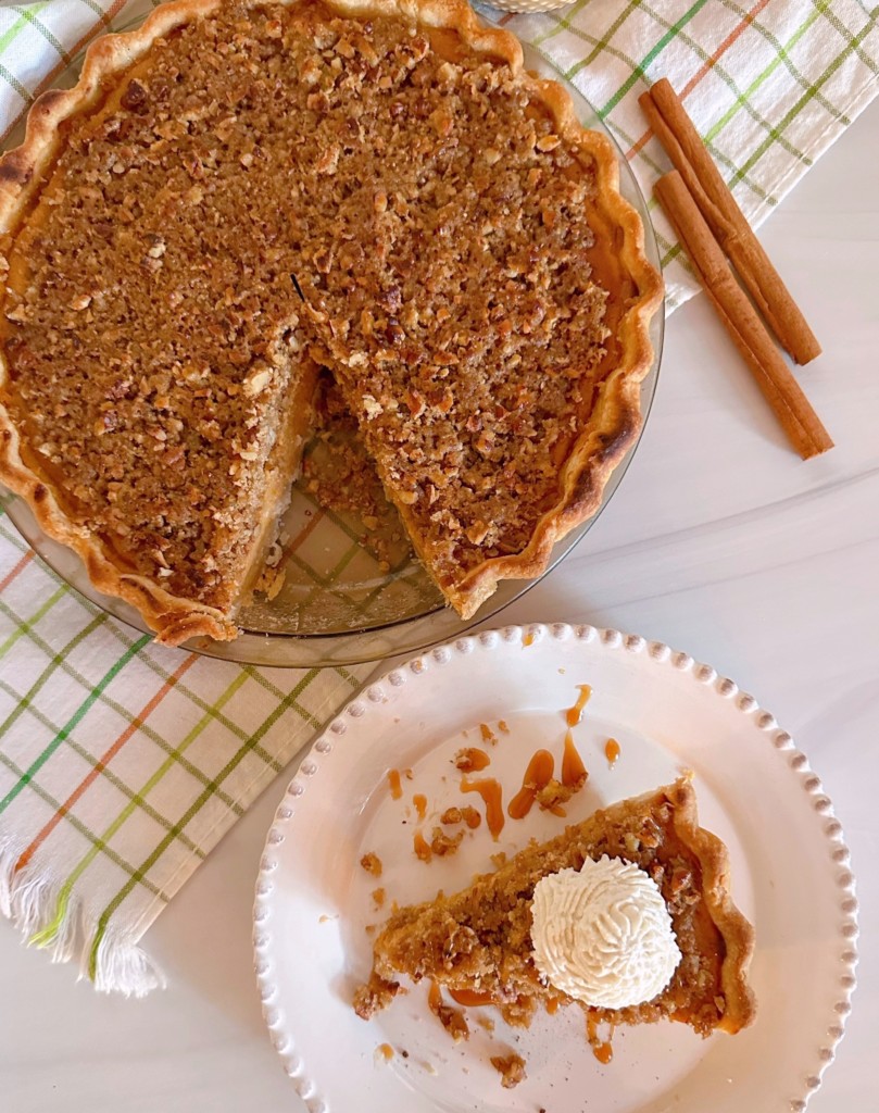 Piece of Sweet Potato Pie and the whole pie.