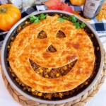 Halloween Sloppy Joe Pie in a skillet.