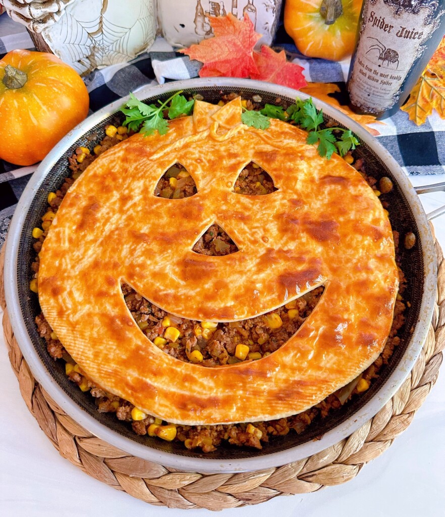 Halloween Sloppy Joe Pie in a skillet.