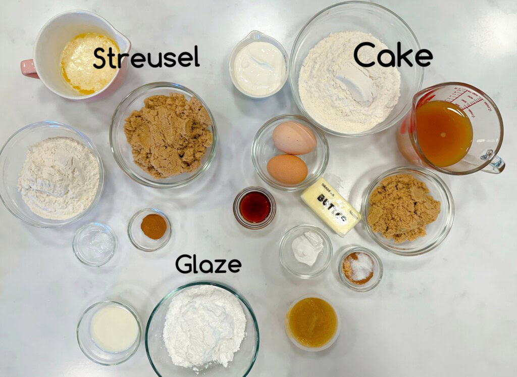 Ingredients for Apple Cider Crumb Cake.