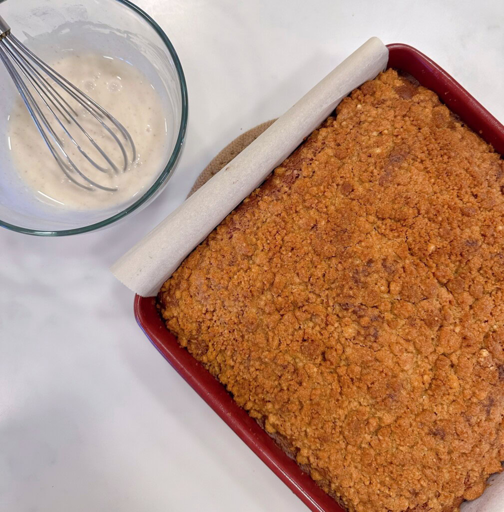 Baked cake cooling.