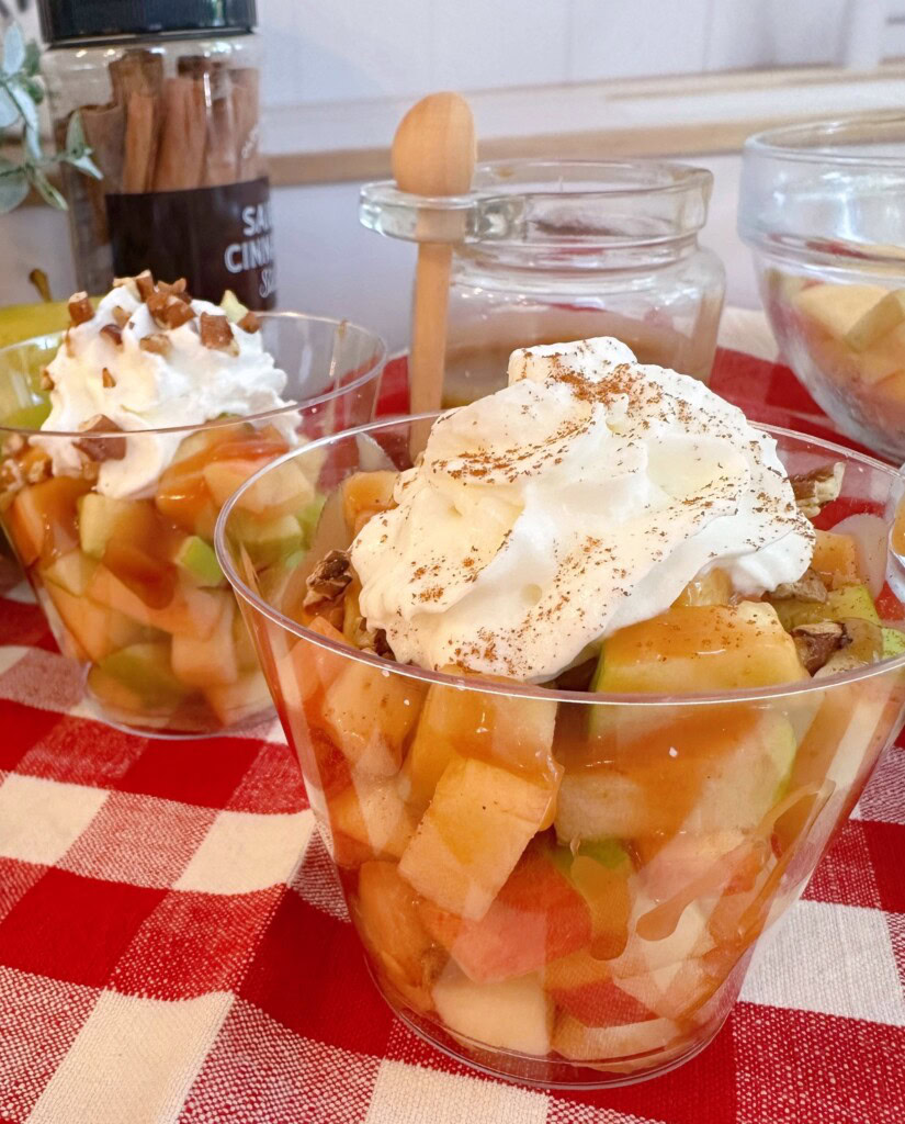 Topping Apples with whipped cream, nuts, etc.