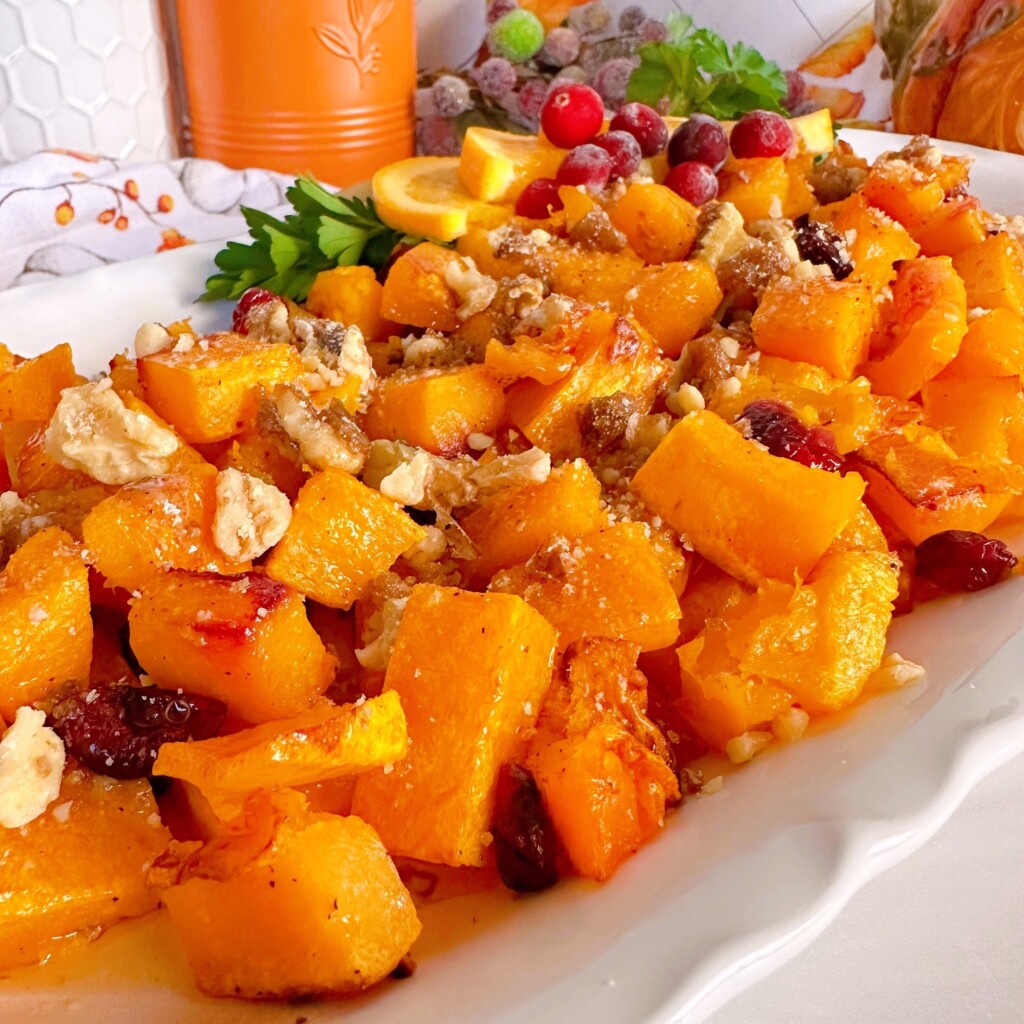 Delicious roasted butternut with candied walnuts and cranberries.