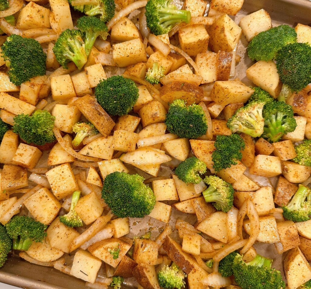 Vegetables tossed with olive oil and seasonings.