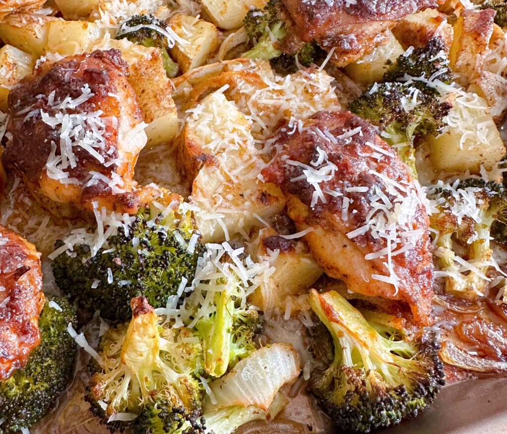 Top the sheet pan dinner with grated Parmesan Cheese.