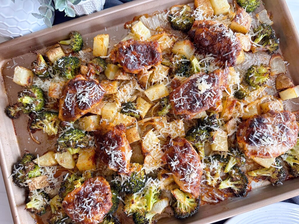 Sheet Pan Garlic Parmesan Chicken Thighs on a large sheet pan.