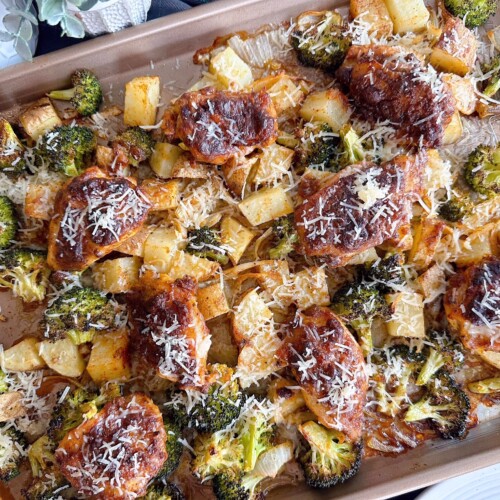 Sheet Pan Garlic Parmesan Chicken Thighs on a large sheet pan.