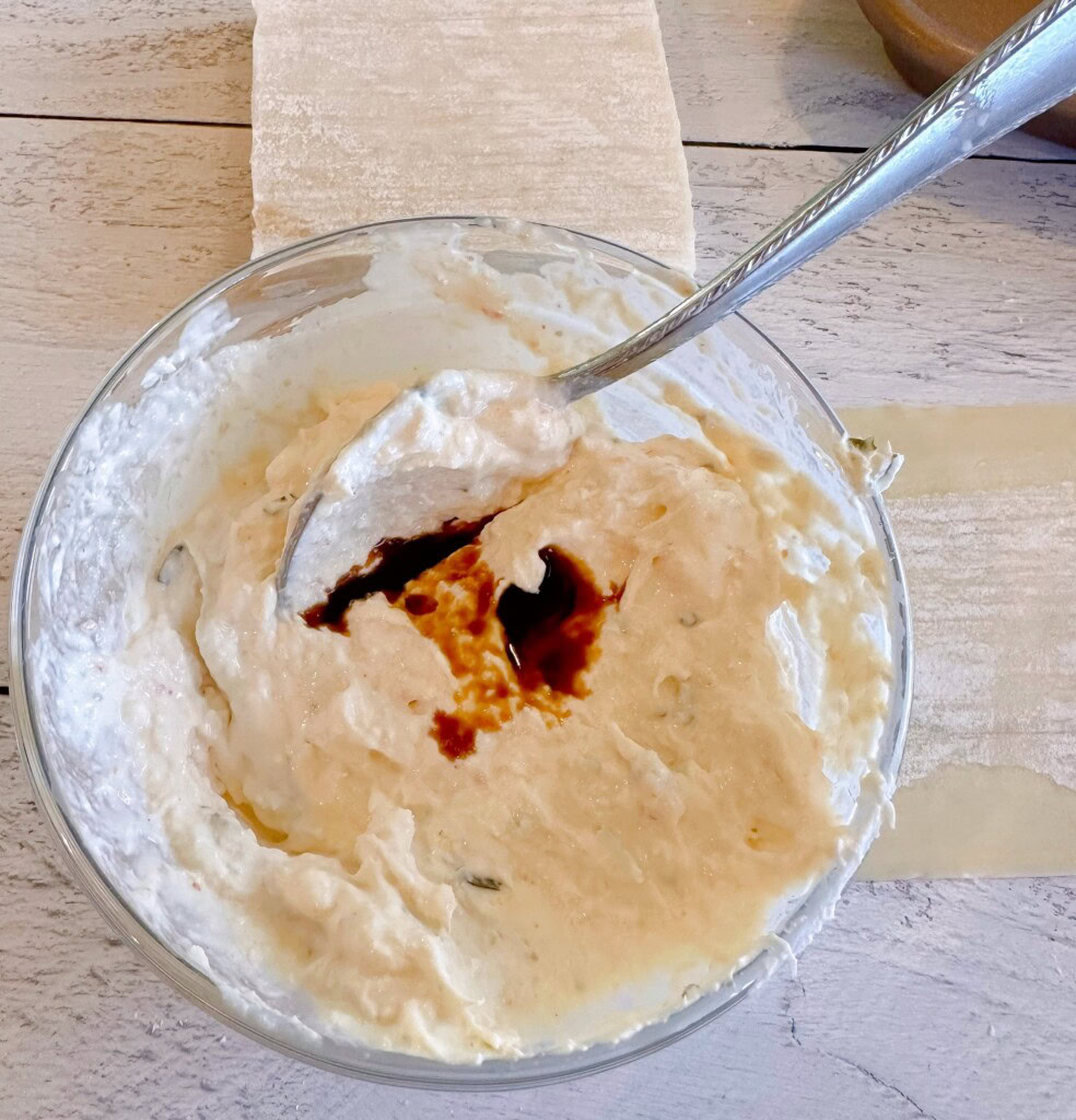 Crab filling with soy sauce and worcestershire sauce added in.