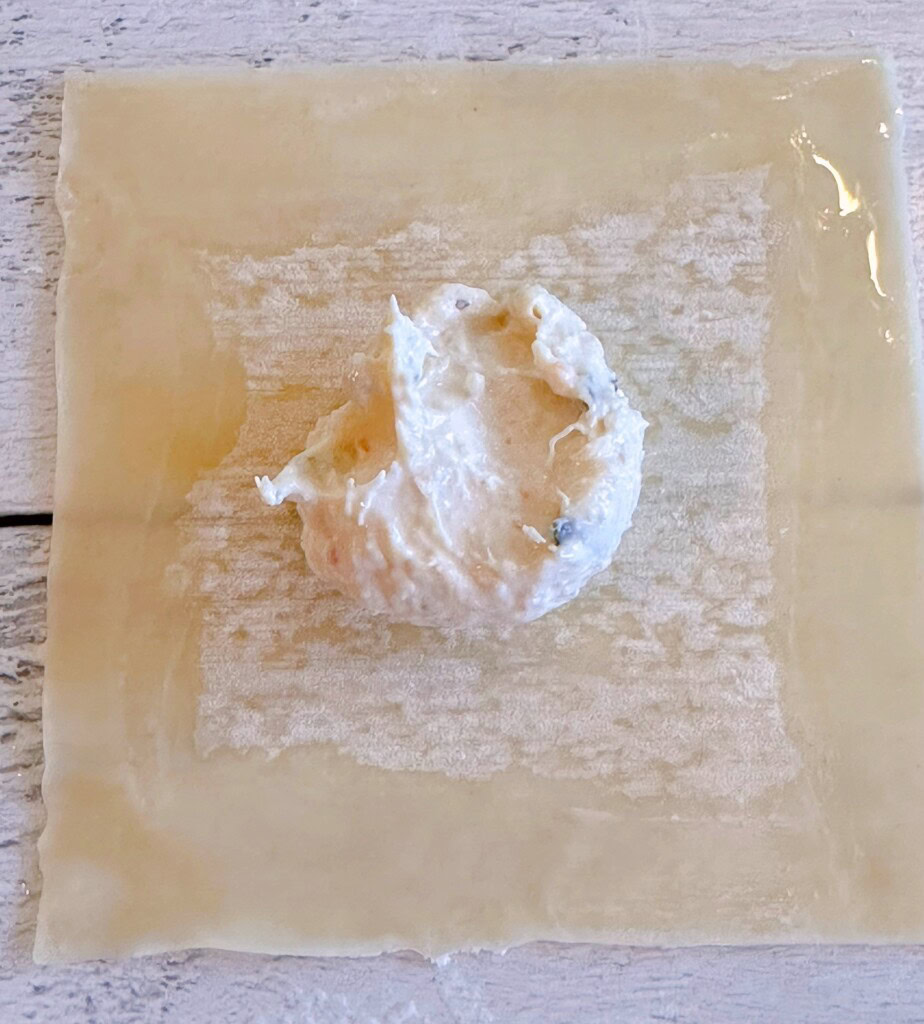 Filling placed in the center of the wonton wrapper.