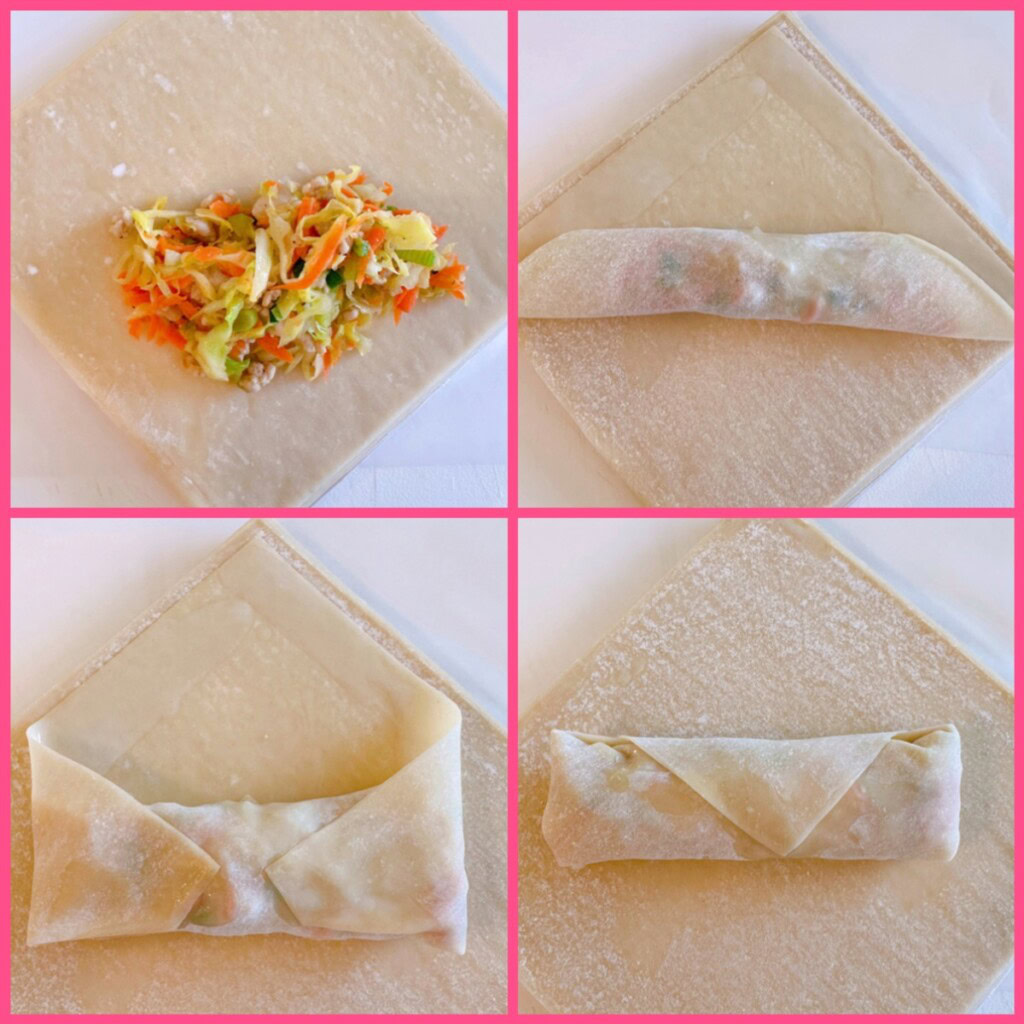 Egg roll wrappers with filling, and rolling step-by-step photos.