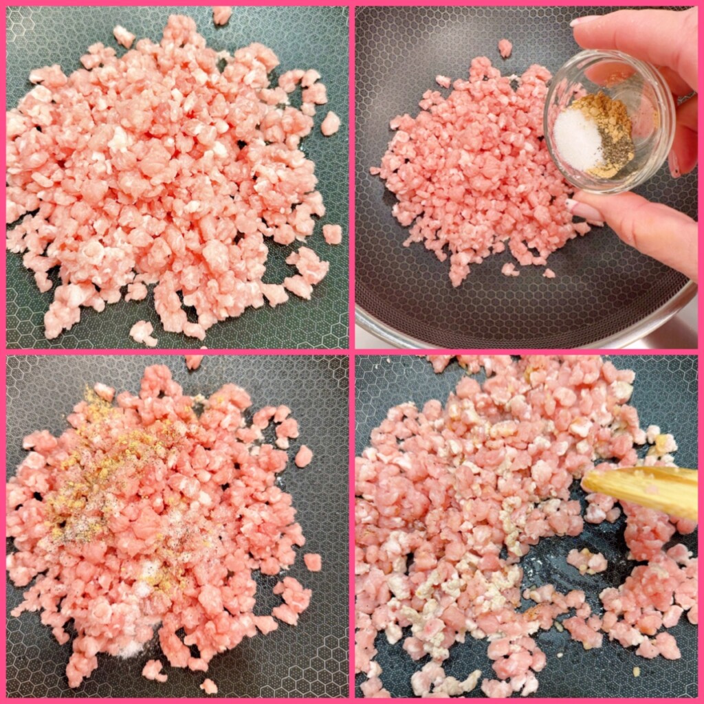 Ground Pork cooking in a large wok on the stove top.