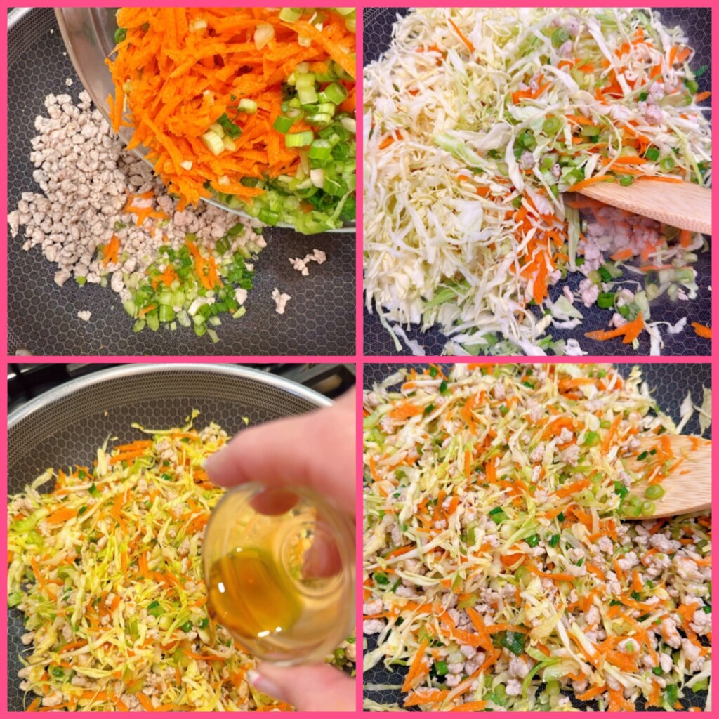 Adding the vegetables to the cooked pork in the wok.