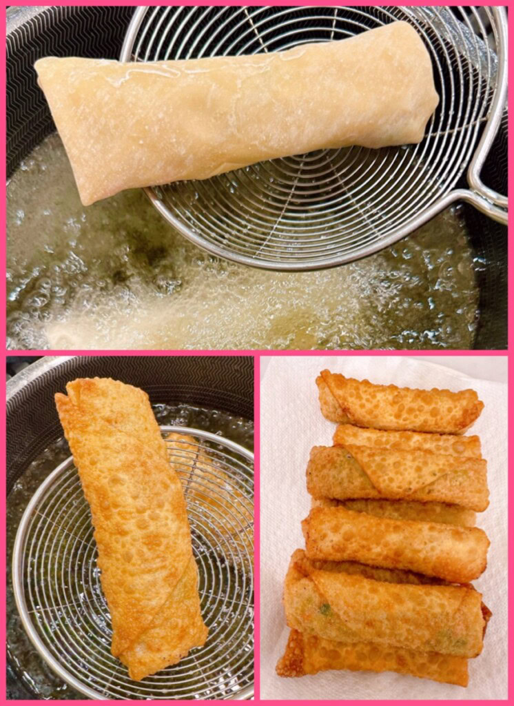 Cooking egg rolls in hot oil on stove.