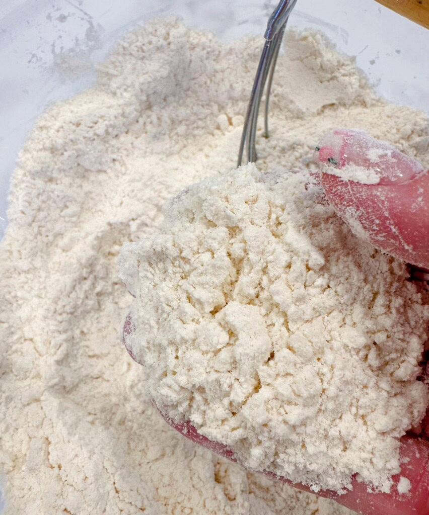 Coarse scone mixture crumbs held in hand.