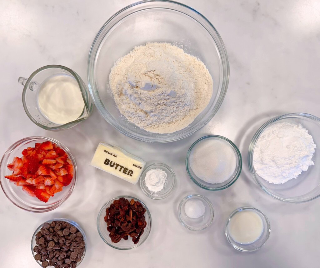 Ingredients for Strawberry Chocolate Chip Scones.