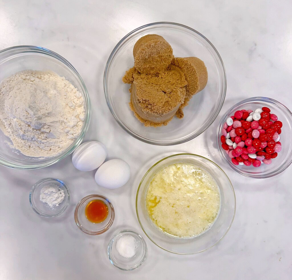 Ingredients for blondies on a white countertop.