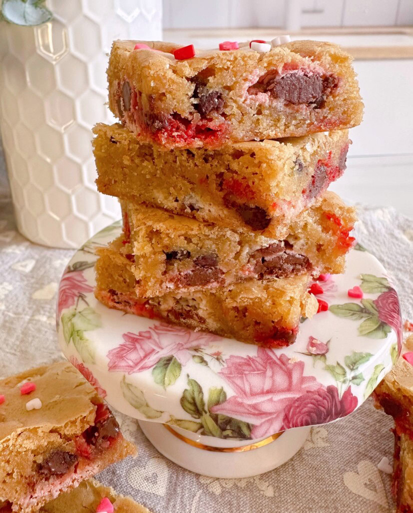 Blondies stacked 3 high on a cute cupcake stand.