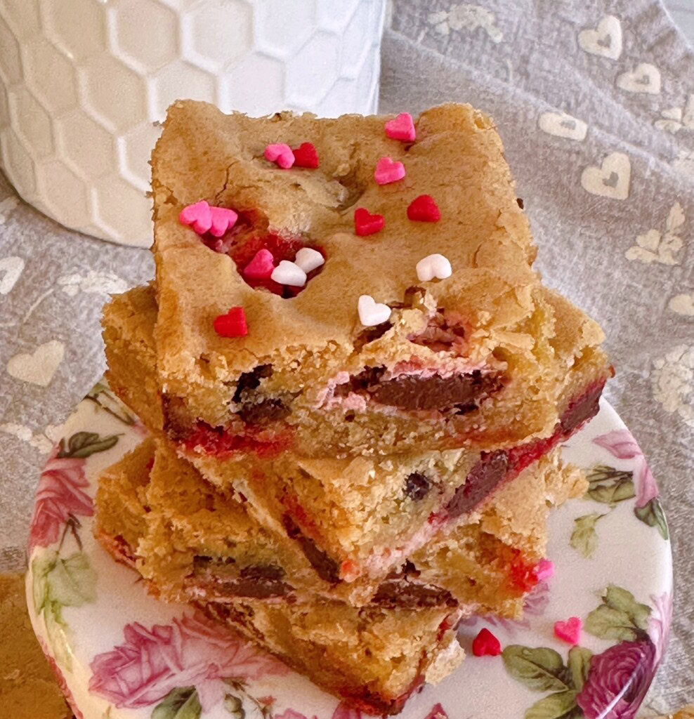 Blondies with valentines sprinkles.
