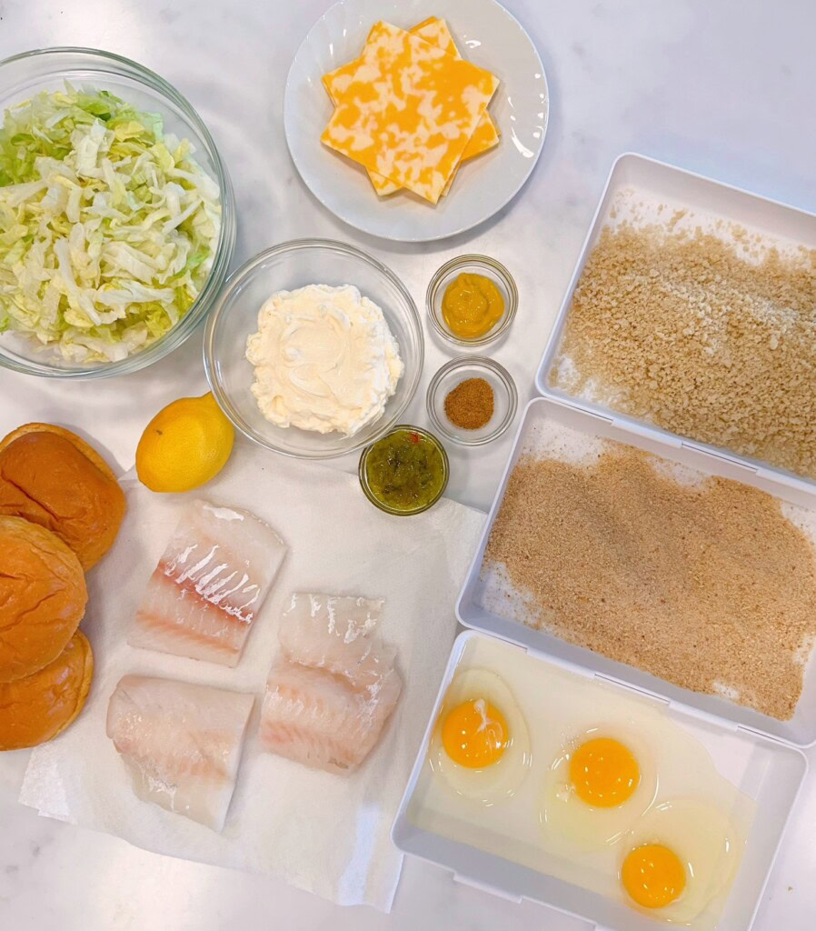 Ingredients for a Copy Cat Fish Sandwiches on a white counter top.