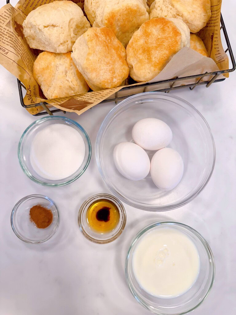 Ingredients for Biscuit French Toast on a counter.