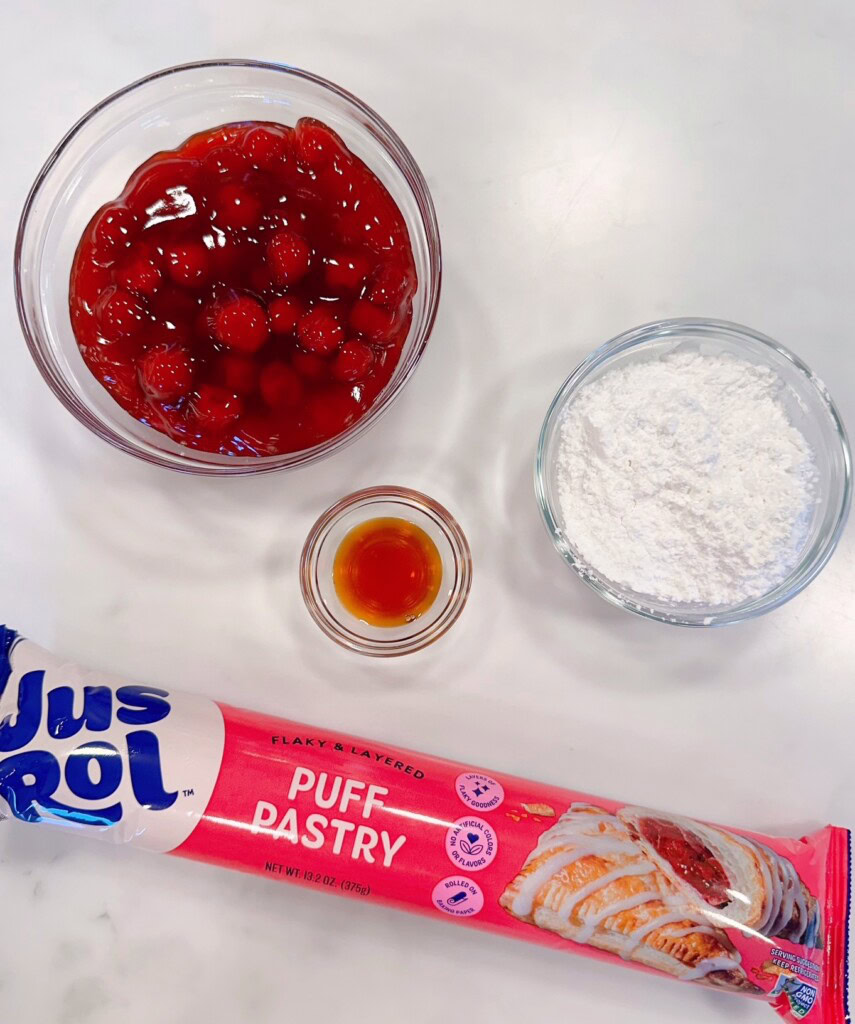 Ingredients for Cherry Turnovers on a white counter top.