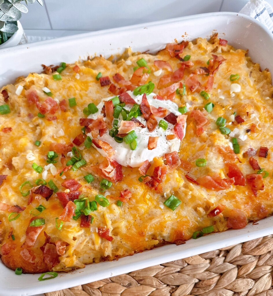 Baked casserole out of the oven topped with garnishes.