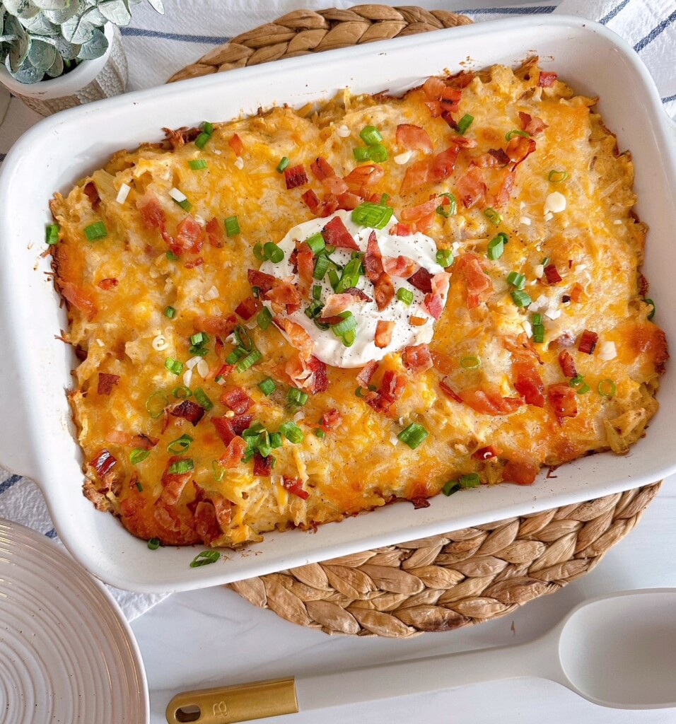 Chicken and Hash Brown Casserole in the casserole dish. 
