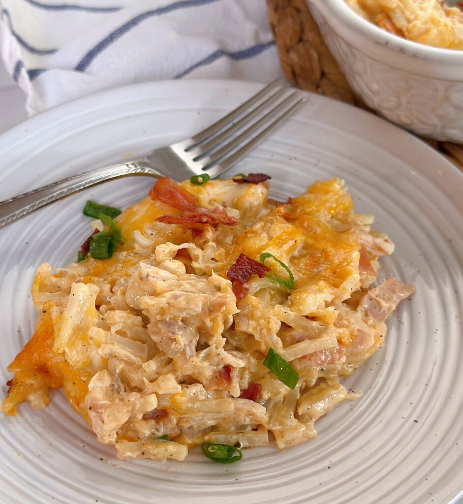 Single serving of chicken and hash brown casserole.
