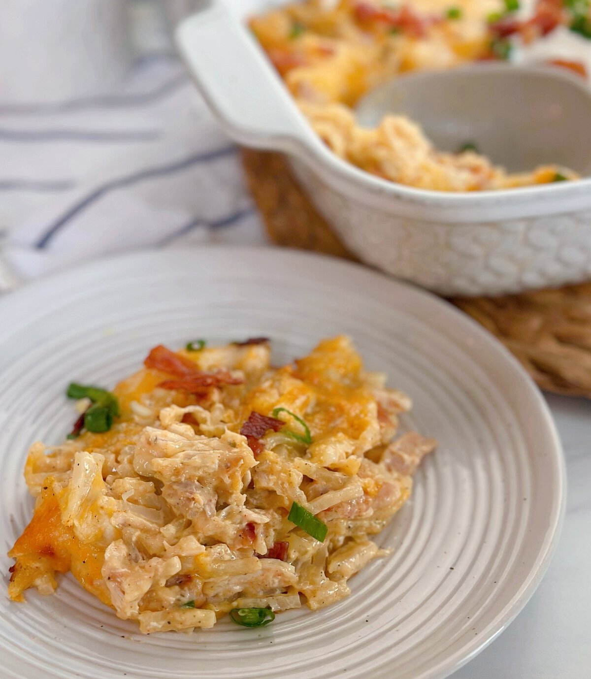 Loaded Hash Brown and Chicken Casserole on a dinner plate.