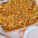Baked Casserole on a table with a serving spoon.