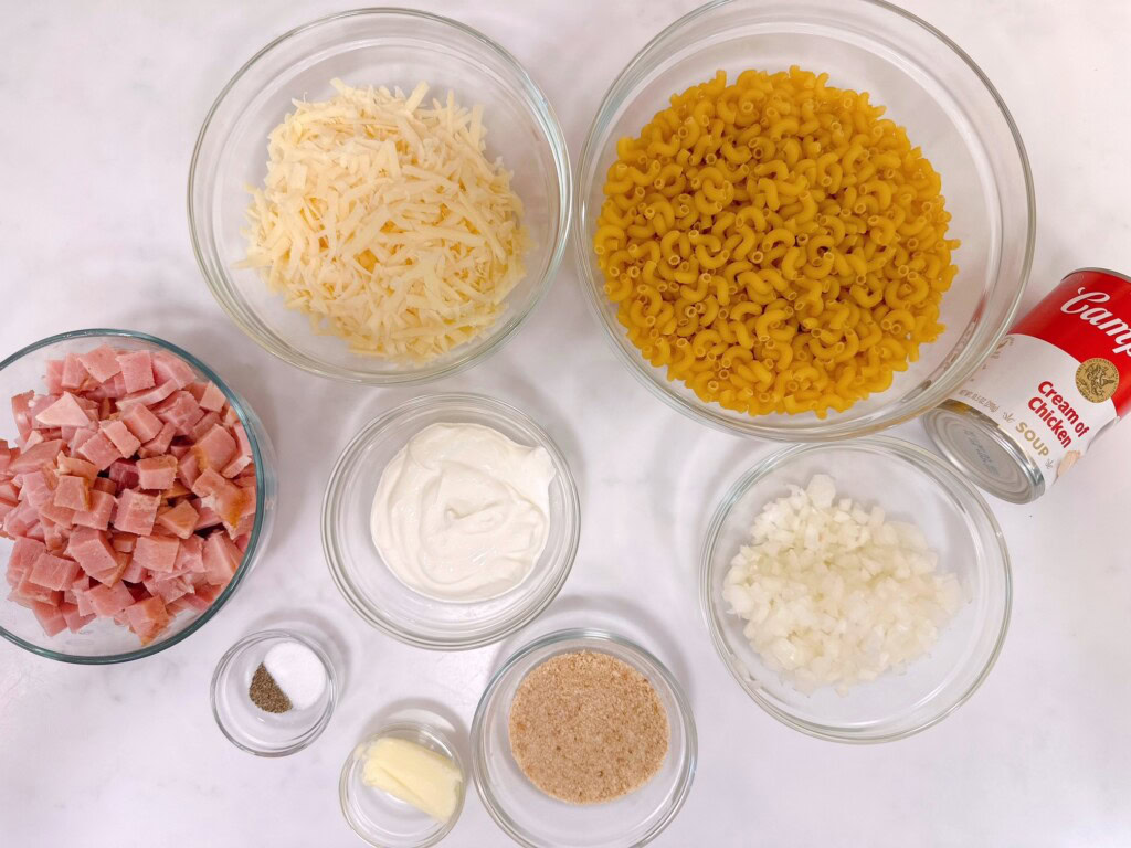 Ingredients for Creamy Ham and Noodle Casserole.