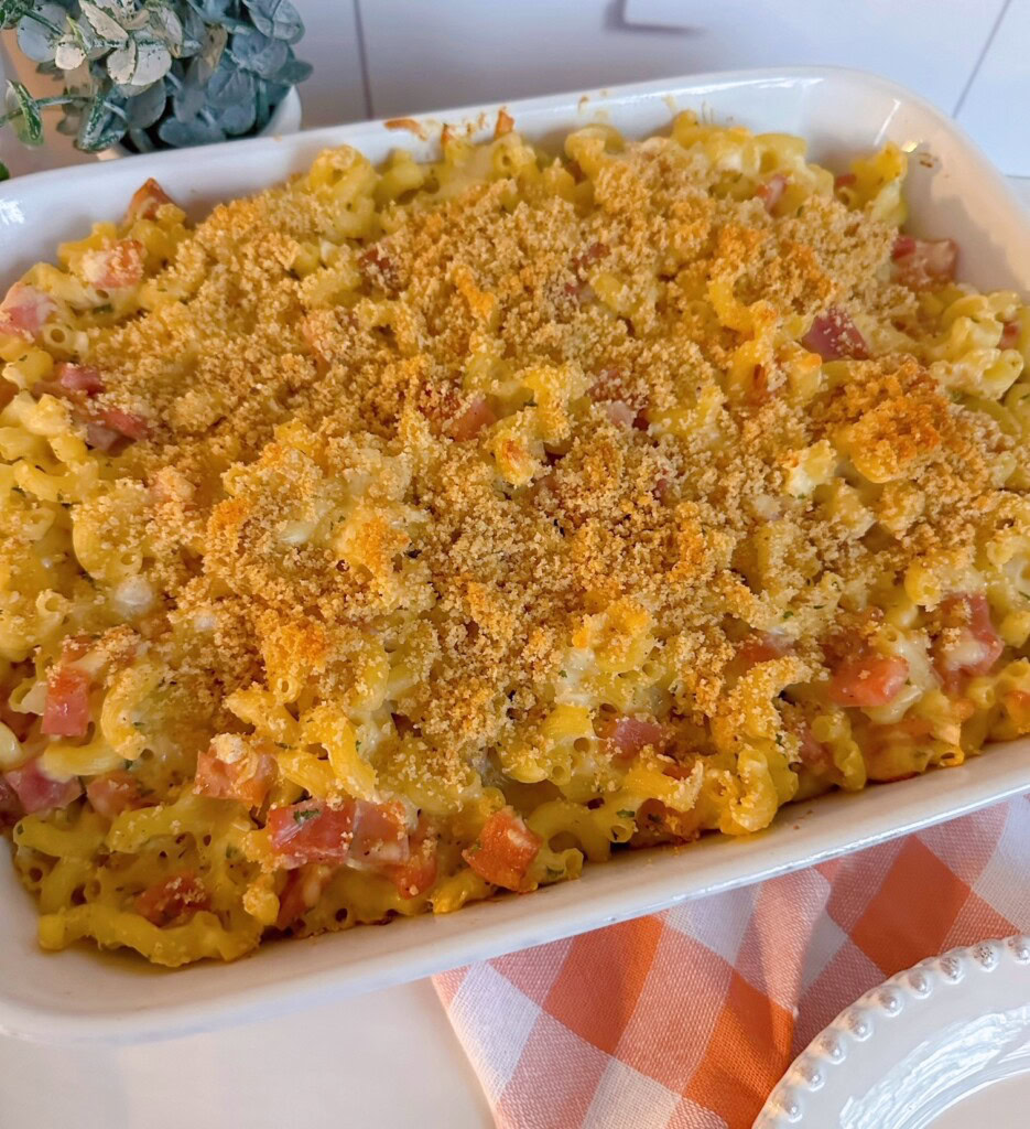 Baked casserole with serving spoon.