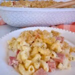 Ham and Noodle casserole served on a white dinner plate.