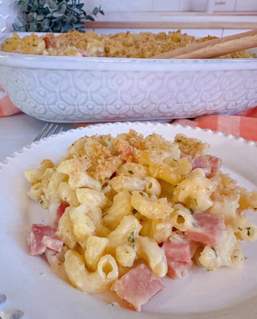 Ham and Noodle casserole served on a white dinner plate.