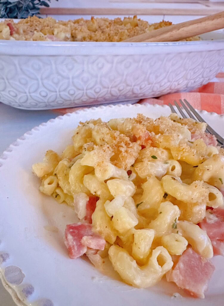 Close-up photos of ham and noodle casserole.