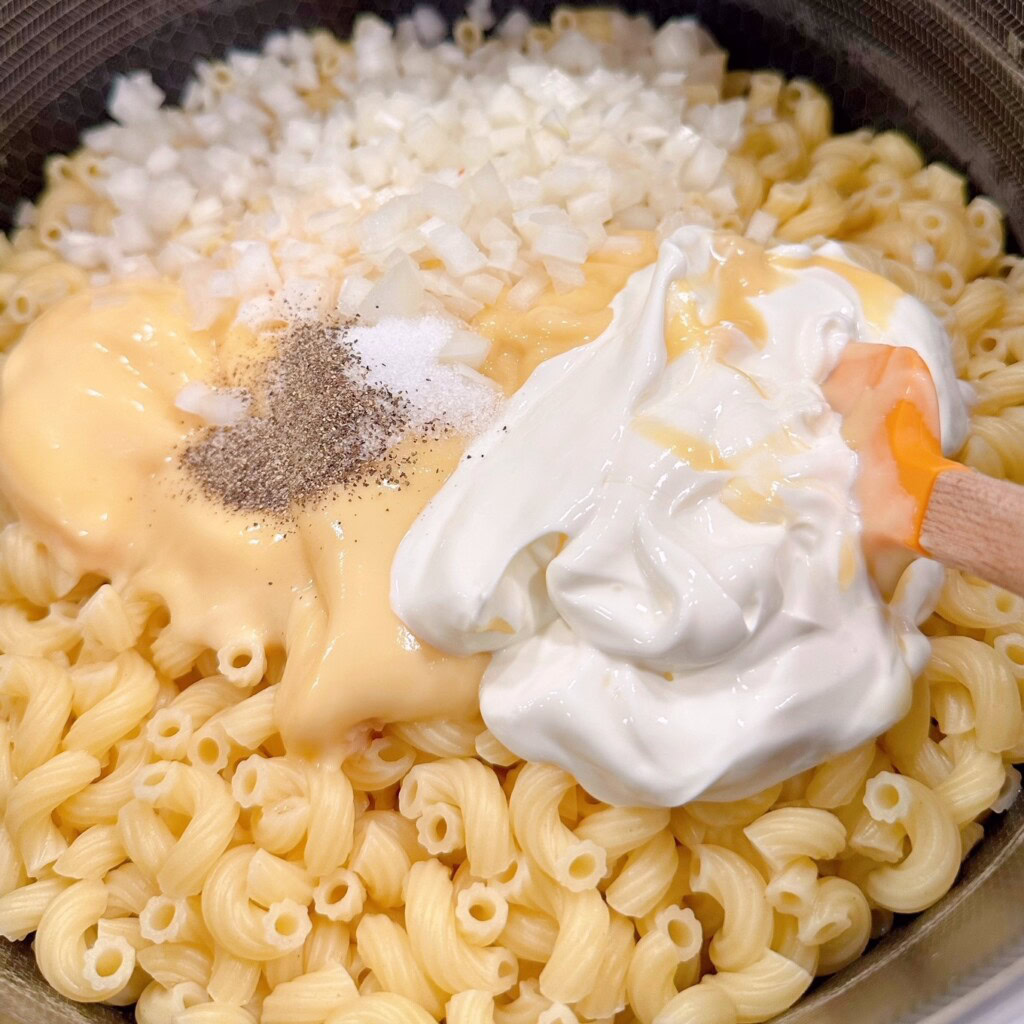 Adding Noodles, soup, sour cream, salt, pepper, and seasonings to pasta.