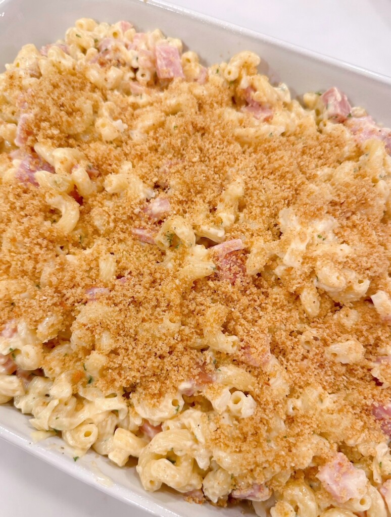 Bread crumbs sprinkled on top of casserole mixture.