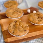 Mini S'mores Chocolate Chip Cookie Pies on a cutting board.