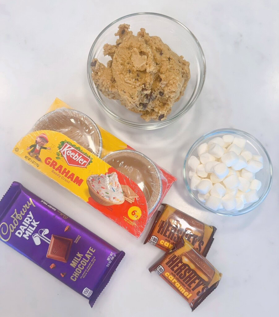 Ingredients for Mini S'mores Chocolate Chip Cookie Pies.