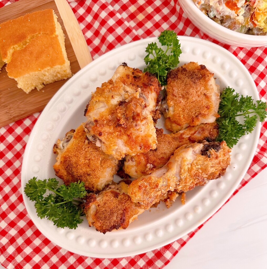 Serving chicken with cornbread and potato salad.