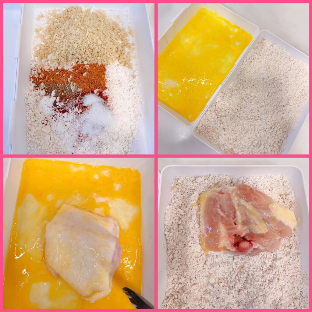 A collage of photos of the mix for chicken breading.