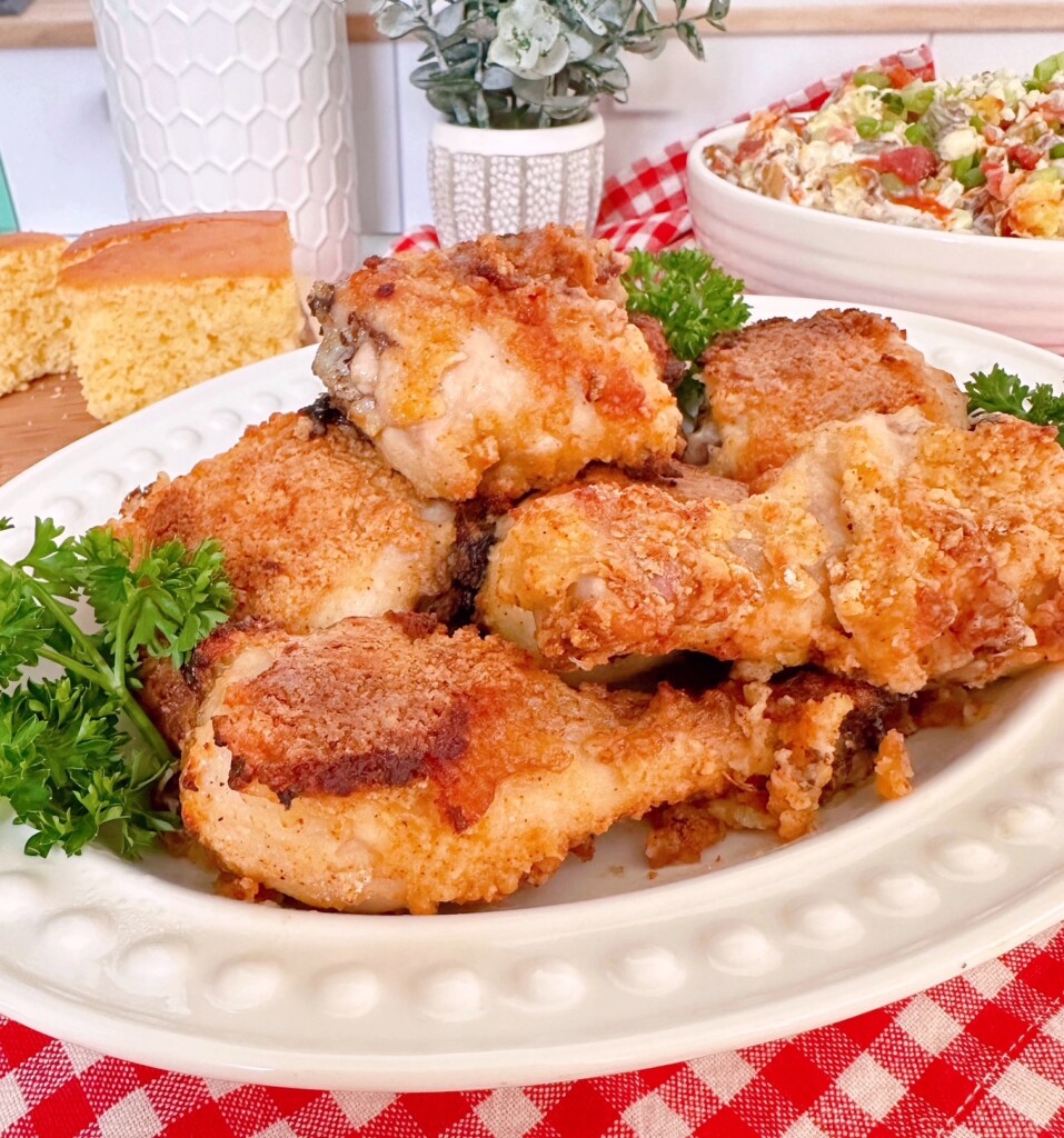 Platter full of oven fried chicken.