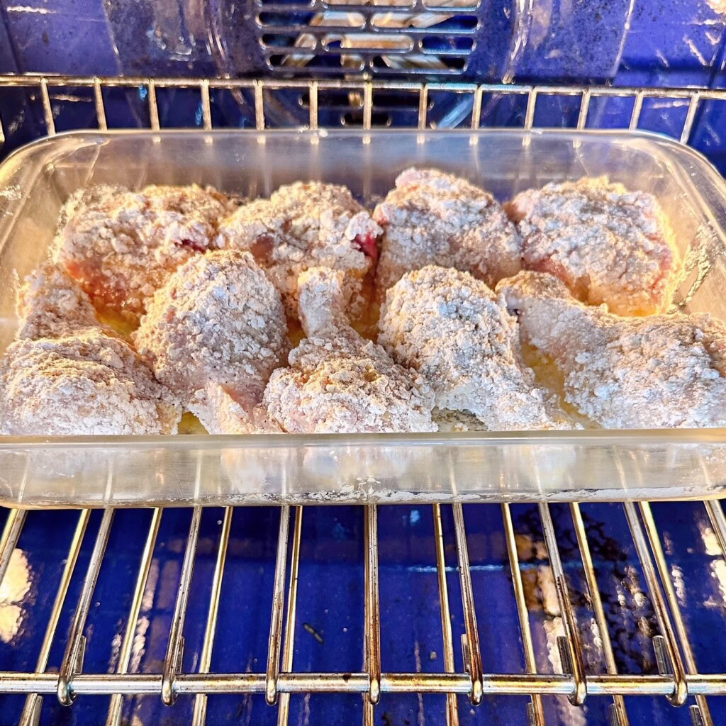 Chicken in the oven to bake.