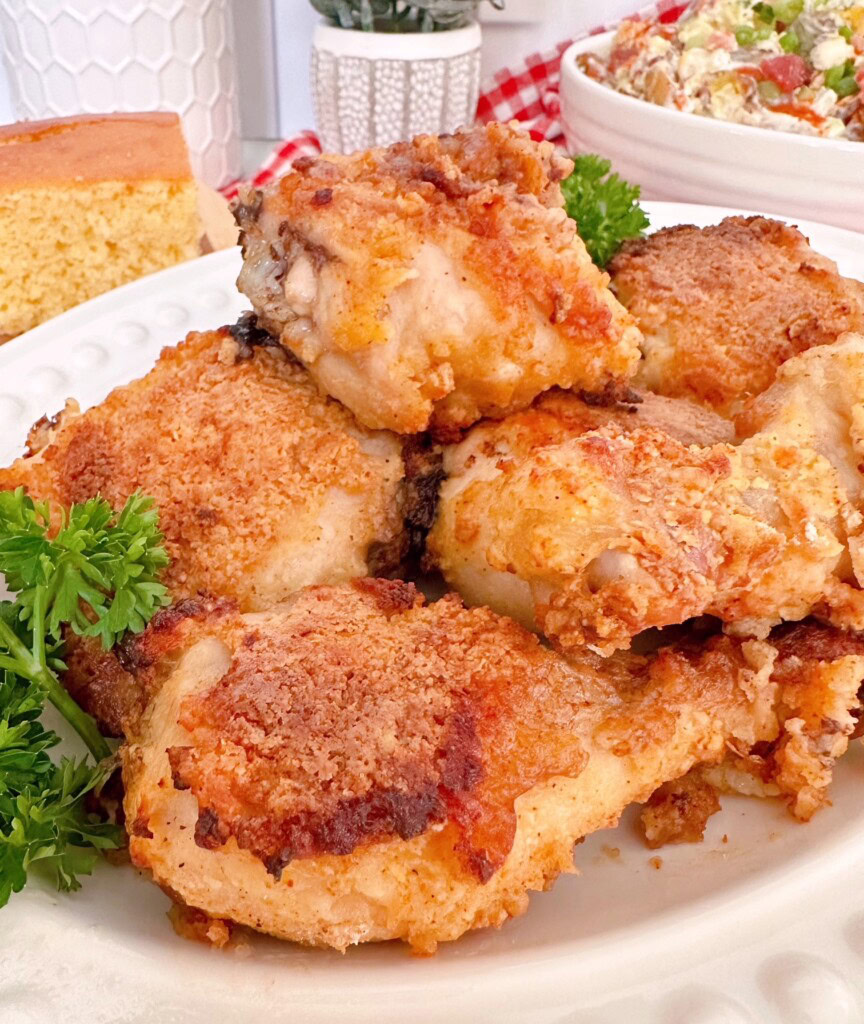 Pile of crispy oven fried chicken.