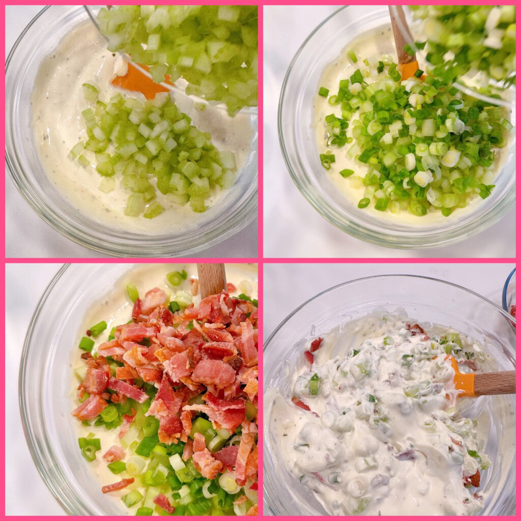 Photo collage of making the blue cheese buffalo dressing for potato salad.