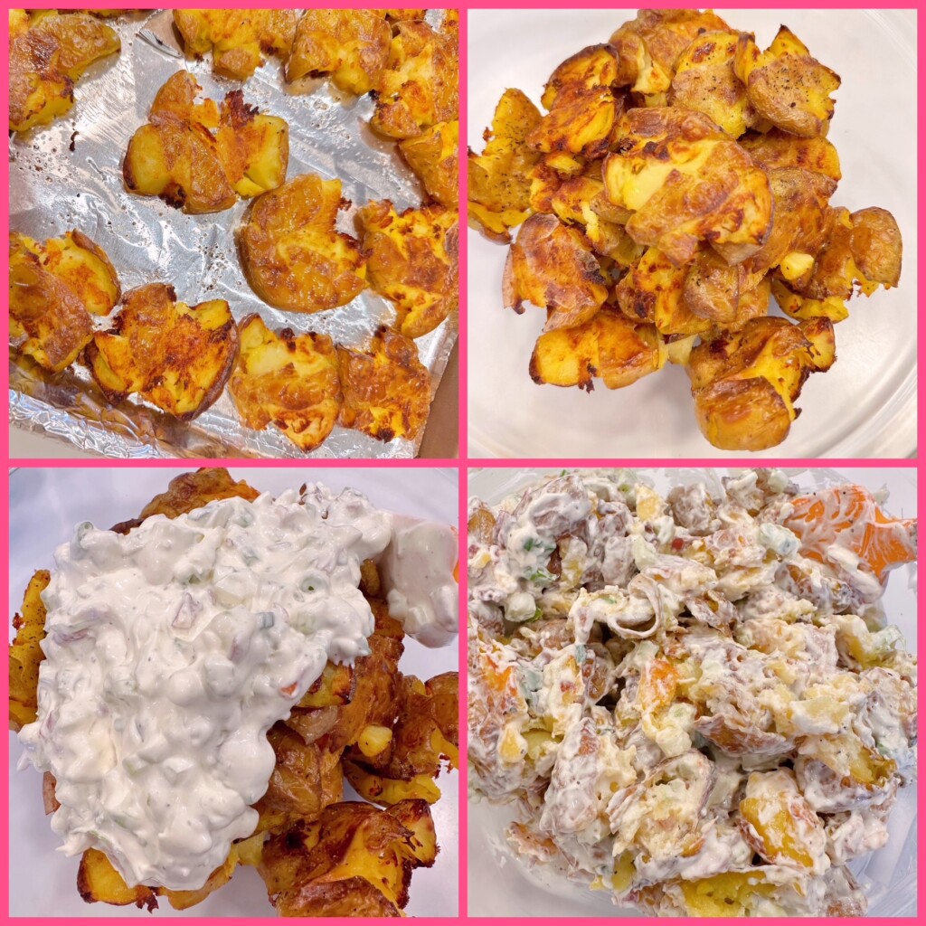 Photo collage of combining the ingredients for smashed potato salad.