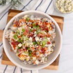 Smashed Buffalo Potato Salad overhead shot in a serving bowl.